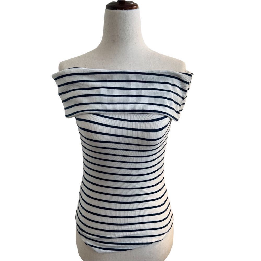 Free People Off The Shoulder Fitted Stretch Top Navy + Ivory Striped New w/ Tag